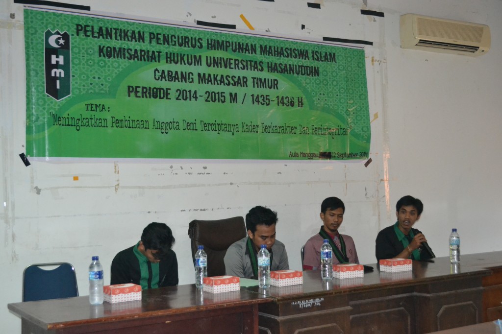 Sambutan Ketua Terpilih dalam Pelantikan Pengurus HMI Komisariat Hukum Unhas di Aula Prof Ahmad Manggau, Jumat (12/9).