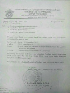 Undangan menghadiri rapat Pembentukan BEM Universitas pada Jumat (22/9)